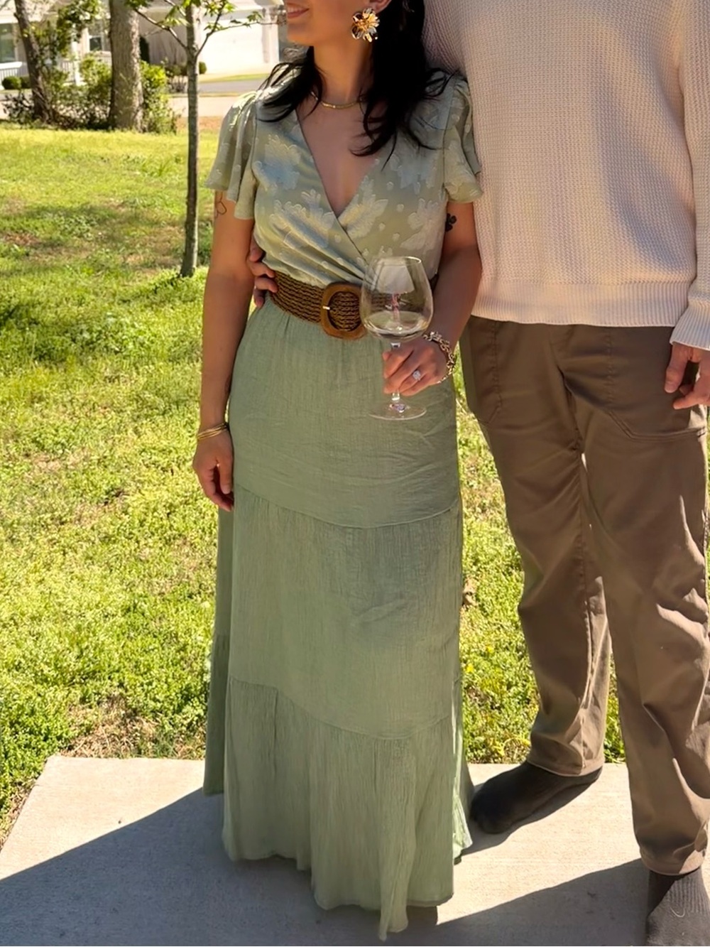 Sage Green Set- Maxi Skirt & Floral ruffle sleeve Wrap Top Dress